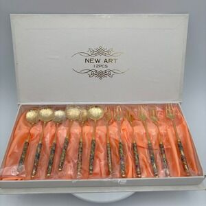 Vtg 12 Pcs Gold Tone Dessert Forks Spoons Cloisonné Floral Handles Gift Box